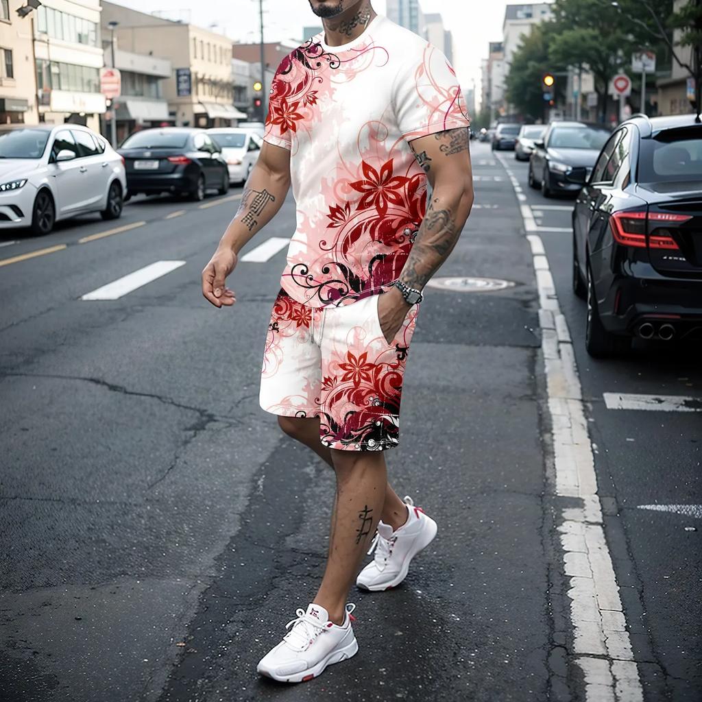 Men's T-shirt Set Summer Fashion Creative 3D Printing Pattern Skull Print Shorts Short Sleeved Combination Casual Two-piece Set