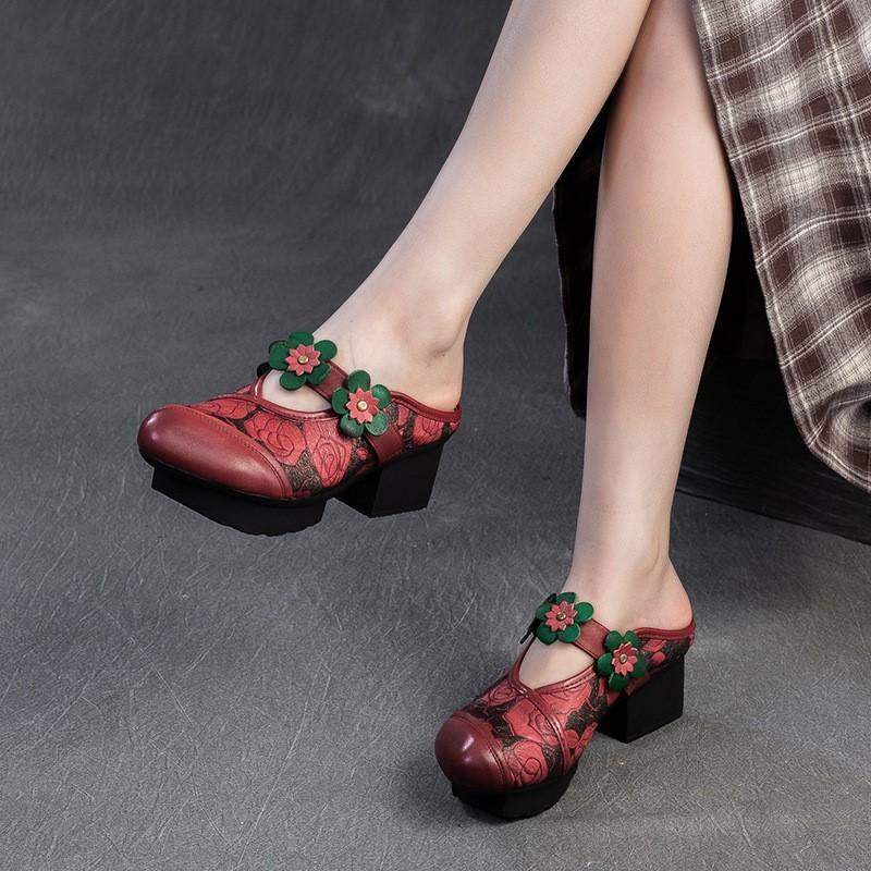 Johnature Ethnic Style Thick Heel Round Toe Outdoor Slippers Retro Printed Genuine Leather Women's Shoes