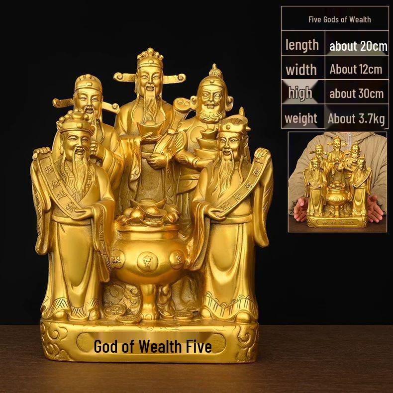 Large Bronze Five Gods of Wealth Figurine for Home or Office Worship