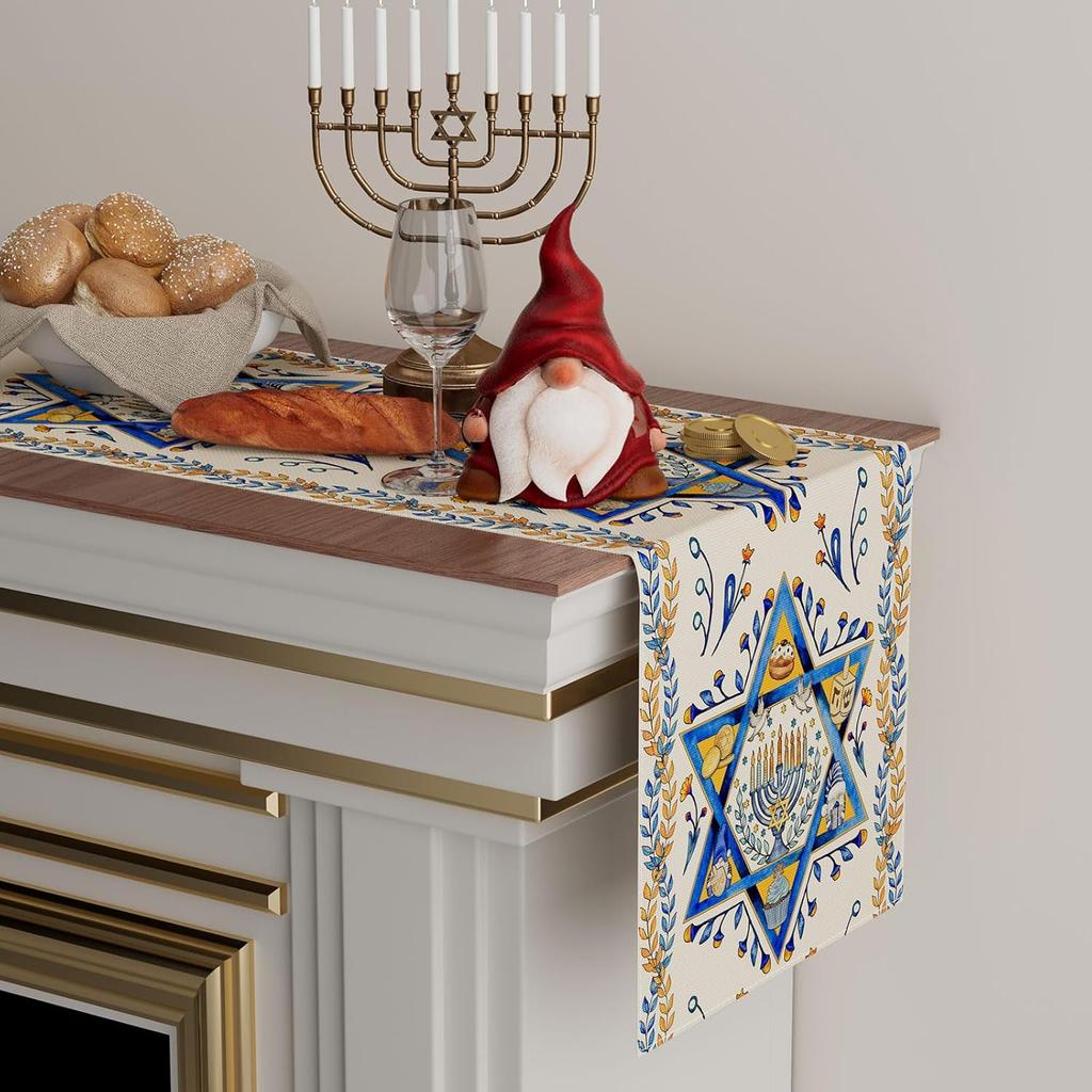 XCHI Six-Pointed Star Hanukkah Olive Leaf Chanukah Menorah Table Runner Table Decoration for Party Home Kitchen Dining Holiday Decor 13x72 Inch