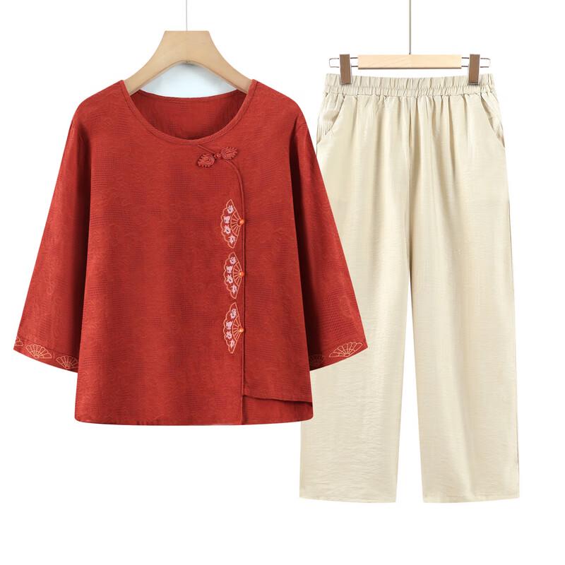 Elderly Women's Summer Cotton Linen Mid-Sleeve T-Shirt & Top Set