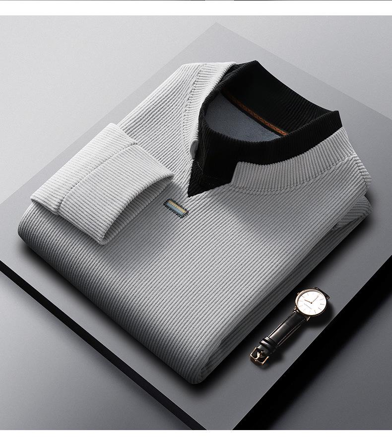 Men's Autumn/Winter Thickened Long-Sleeve Top, Half-High Collar, Plus Velvet Warm Knit Base Layer.