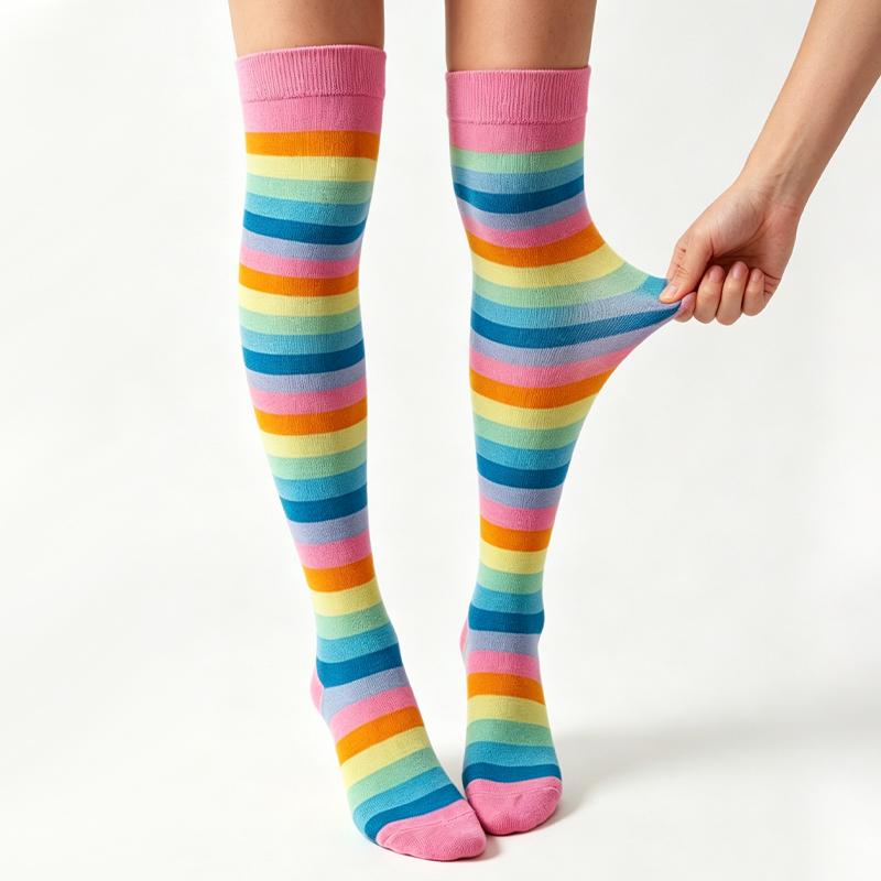 Women’s Striped Pastel Rainbow Over-the-Knee Socks – Cute, Comfortable Style for Parties and Everyday Outfits