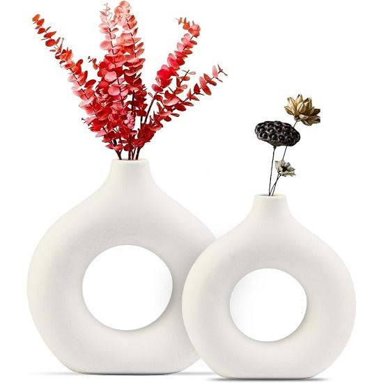 White Ceramic Donut Vase Set (6 & 8 Inches, Pack of 2) – Round Shaped Flower Vase for Pampas Grass, Home Decor Centrepiece