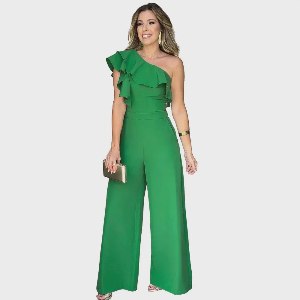 Volný dámský overal s volánky na jedno rameno a vysokým pasem