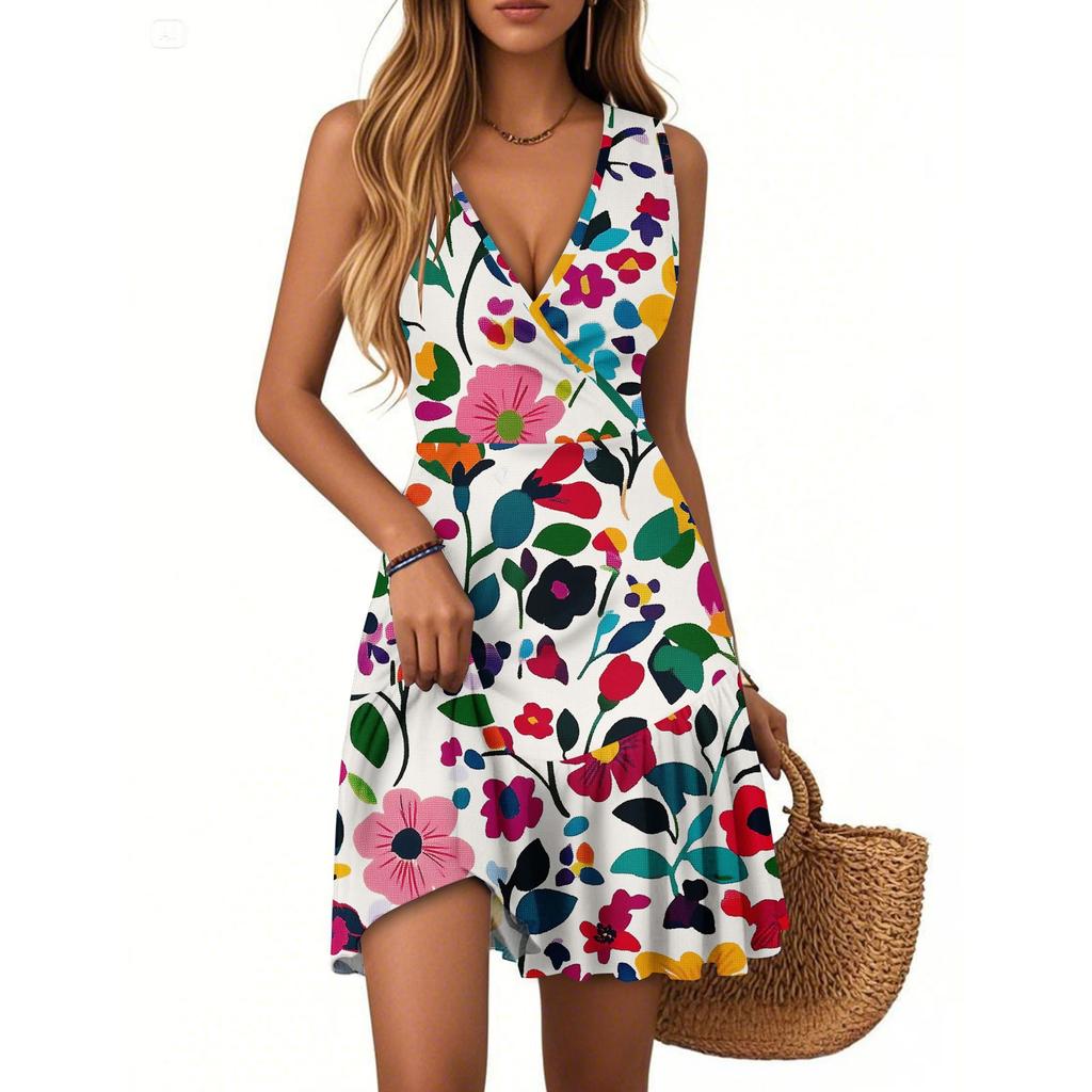 Women's Summer Dress V Neck Sleeveless Casual Floral Print Hem Pleated Dress