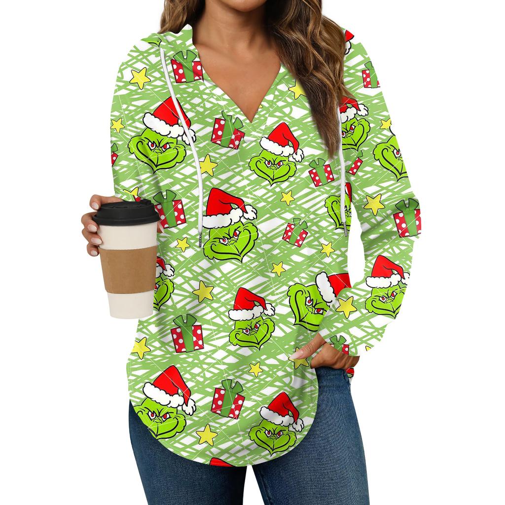 Women's Fashion Hoodies V Neck Long Sleeve Christmas Printed Drawstring Casual Loose Pullover Tops