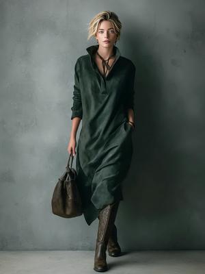 Herbst Damen Neu Wildleder Samt Locker Lässig Tasche Einfarbig Langarm Midi Kleid