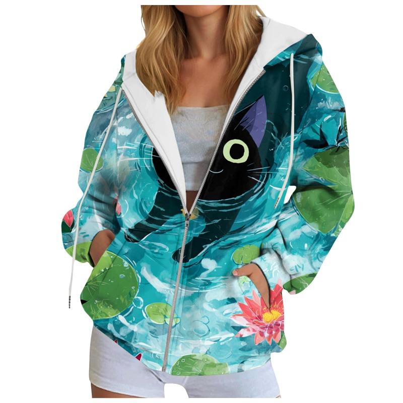 Funny Animal Print Hooded Sweatshirt Zipper Top Women'S Oversize Casual Cardigan Jacket With Pockets Long-Sleeve Outerwear Tops