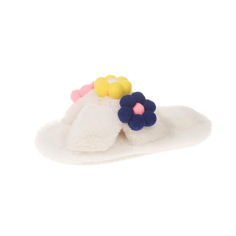 New Sweet Girls Winter Fur Slippers Elegant Flower Children Princess Warm Home Slippers Fashion Soft Versatile Kids Causal Shoes