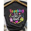 Teaching Is A Work Of Heart Women's Tee - Colorful Teacher Graphic, Casual Purple Top
