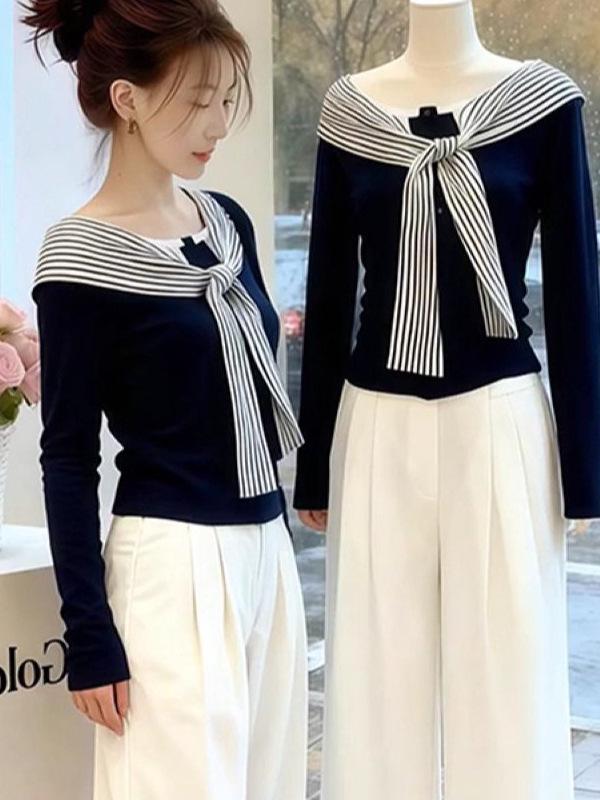 

Korean Style One-Shoulder Striped Tie-Up Long Sleeve T-shirt for Women M (recommended 45-52 kg) темно-синього кольору