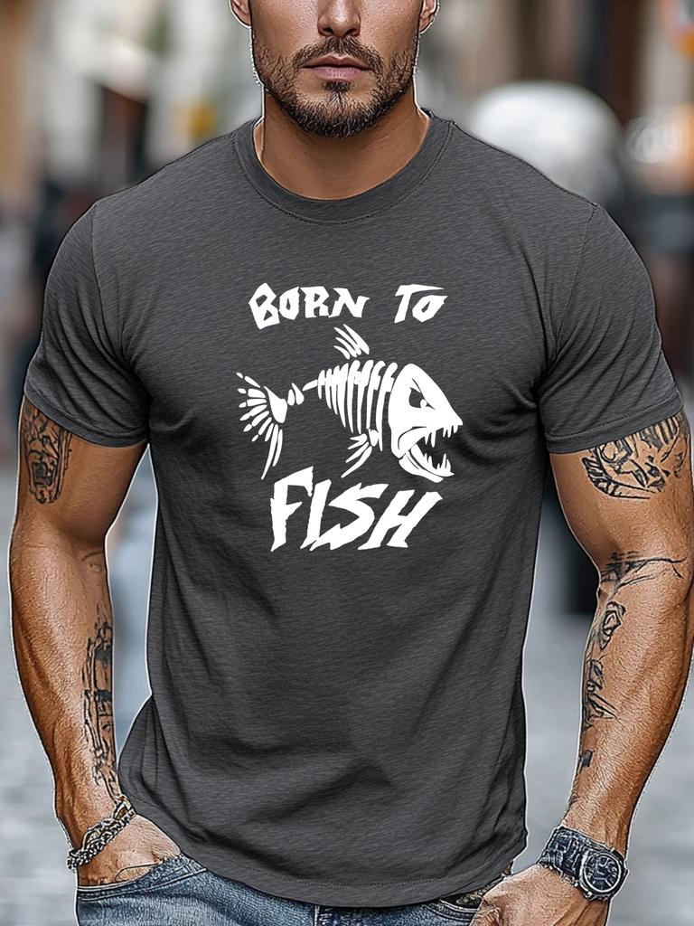 New Unisex Black Crew Neck Tee Born To Fish Angry Fish Skeleton Graphic Retro Fishing Hobby Outdoor Soft Cotton Male Casual Tops
