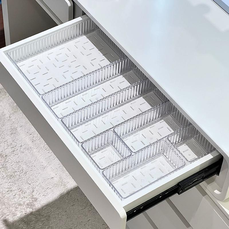 Organizéry do zásuvek na domácí psací stůl, sada plastových úložných prostor do koupelny, organizér na make-up, průhledné úložné krabice, přihrádky na kuchyňské potřeby