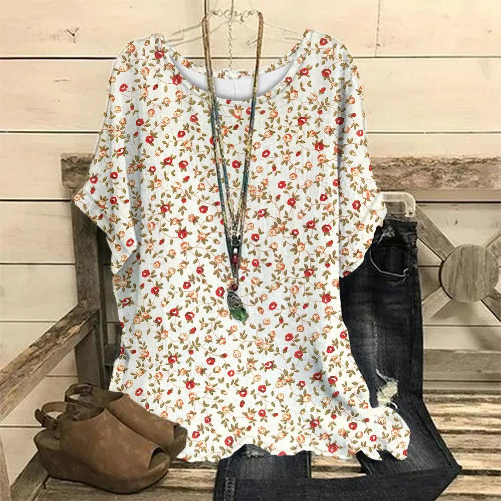 Women's T-shirt Fashion Small Floral 3D Digital Print Round Neck Five Quarter Sleeve T-shirt
