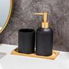 3-teiliges Badezimmer-Accessoires-Organisationsset mit Keramik-Handseifenspender, Holzschale und Zahnbürstenhalterbecher