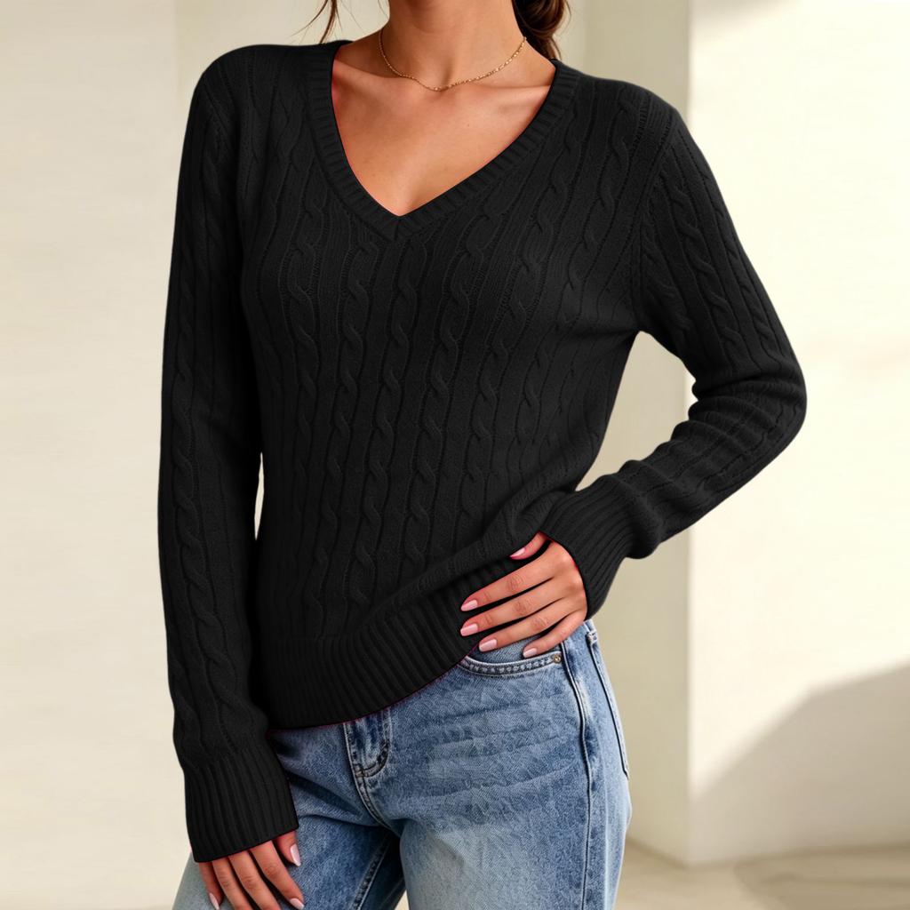 Maglione da Donna a Manica Lunga con Scollo a V a Treccia Colore