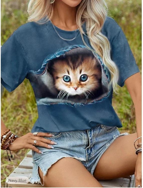 Funny Cat 3D Print Graphic T Shirt Women Fashion Casual O-Neck Oversized Short Sleeve T-shirt Animal Tops Tees Designer Clothes