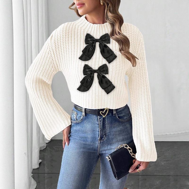 Womens Cropped Knit Sweater Bow Patch Flared Sleeve Mock Neck Pullover Streetwear