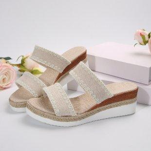 

Women Slope Heel Sandals Thick Bottom Lightweight Non-slip High Heeled Slippers Retro Large Size Comfortable Round Head Shoes 36 бежевый