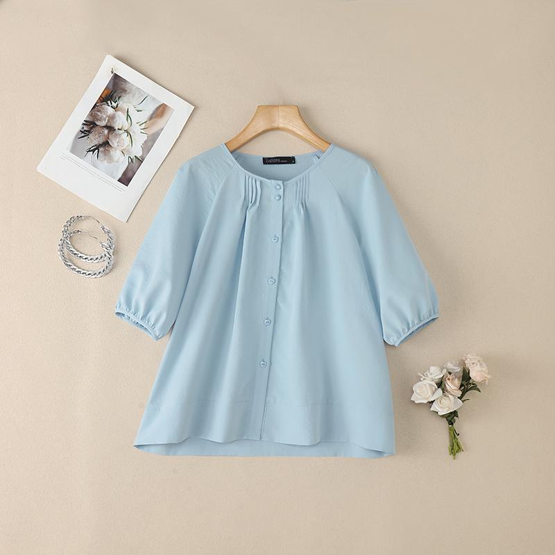 ZANZEA Damen Lässige Runde Halslinie Halbarm Locker Einfarbig Bluse