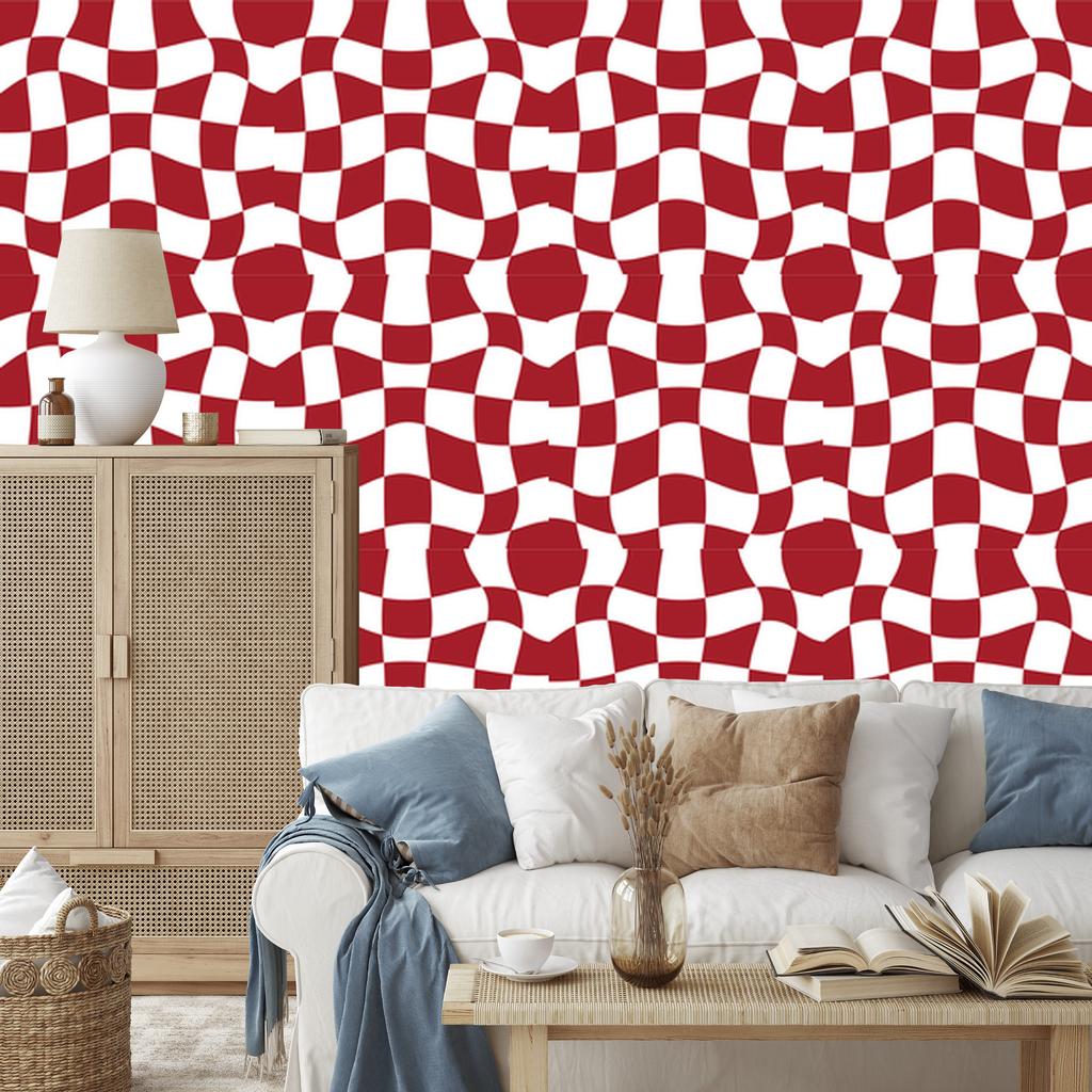 Wallpaper Casual Checkerboard Red, White and Coral 50x1000