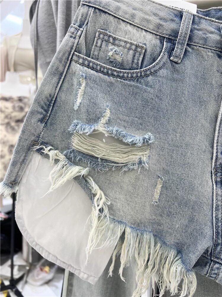 Summer 2026 American Pink Ripped Denim Shorts - Korean Style Wide-Leg A-line Hot Pants