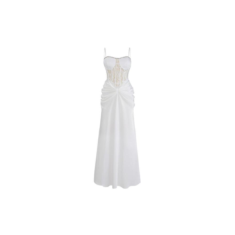French Heavy Industry Lace Splicing Fishbone Suspender Women's Beautiful Waist Skinny Dress Long Skirt Dress Women's Summer