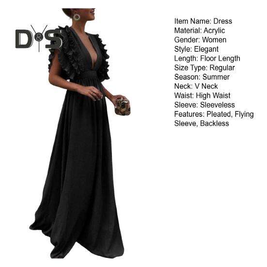 Dámské večerní šaty Nízký střih s výstřihem do V s létajícími rukávy Vrstvený nařasený plisovaný vysoký pas Jednobarevné Jednobarevné Šaty na podlahu Prom Cocktail Party Maxi šaty