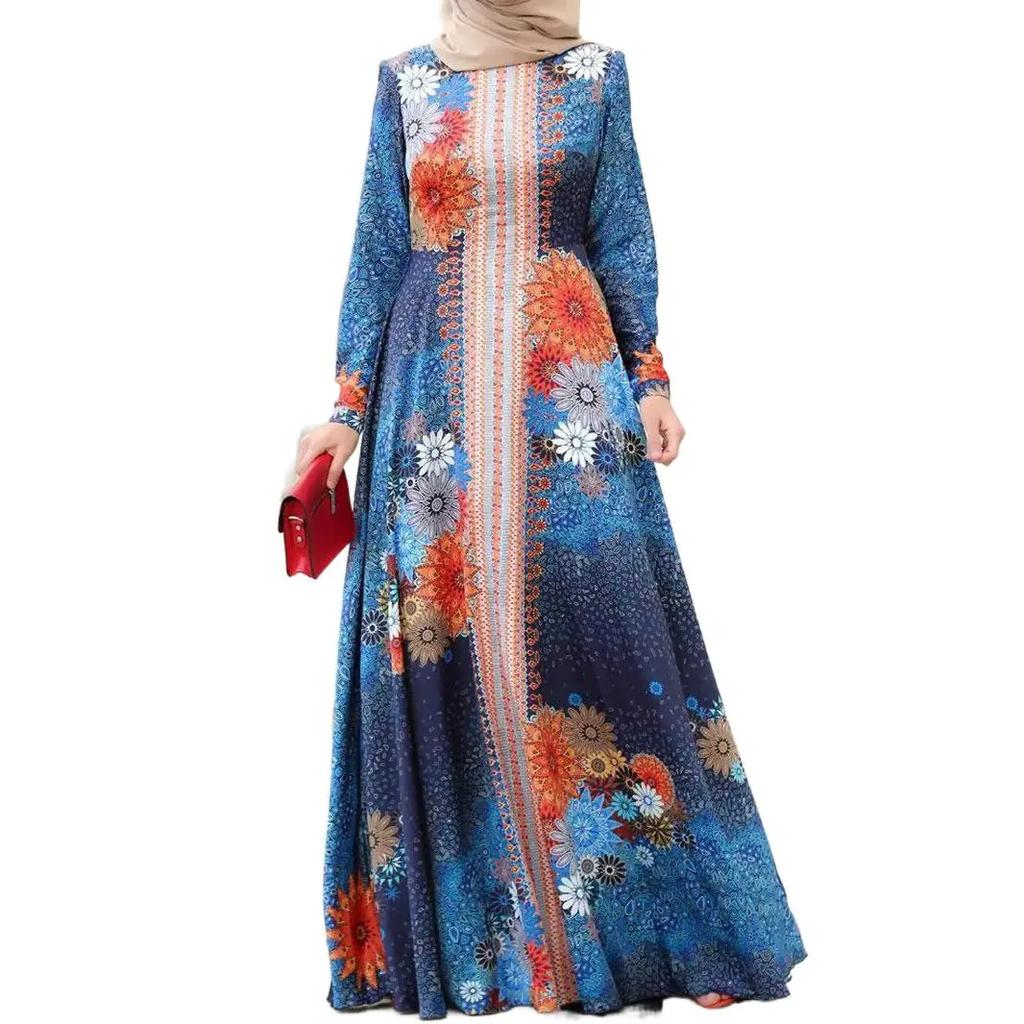Women's dress long sleeve round neck printed elegant long dress