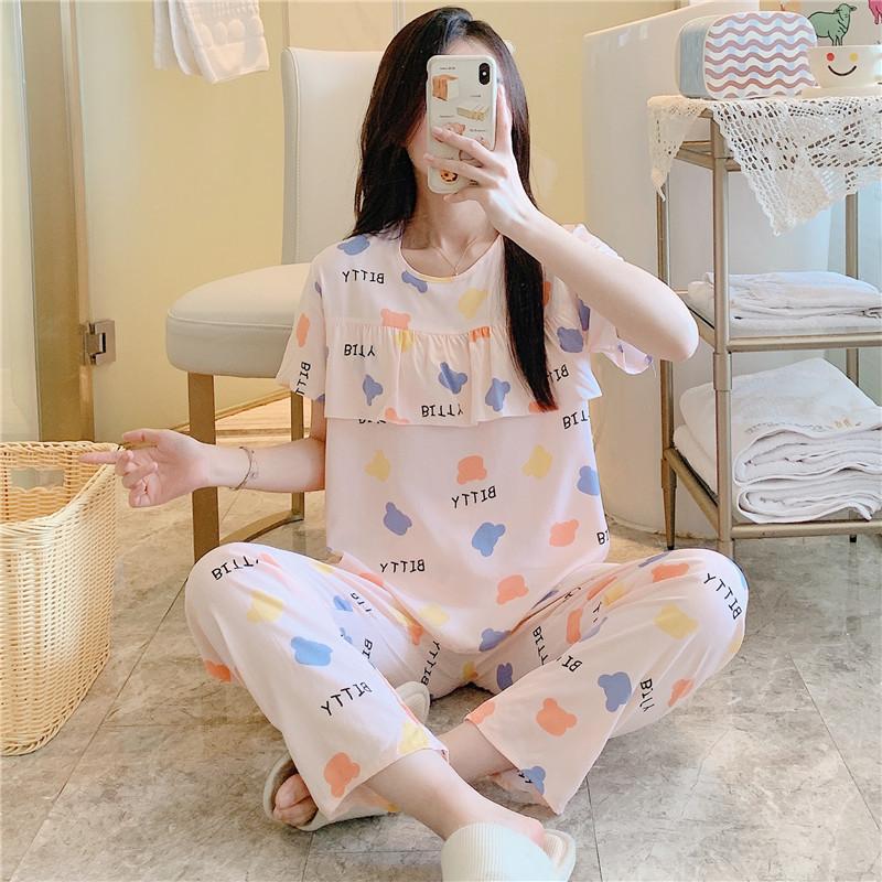 Artificial Cotton Pajamas Women's Spring and Summer Anti-bump Cotton and Silk Loungewear Suit Summer Cute Plaid Large Size Pajamas Outside Wear