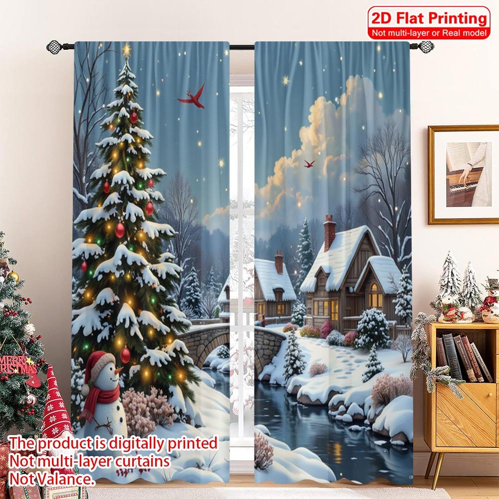2pcs 2D Flat Printing Christmas Party Curtain Winter Village Snowing Night Snowy Polyester Without Electricity Party Decorations