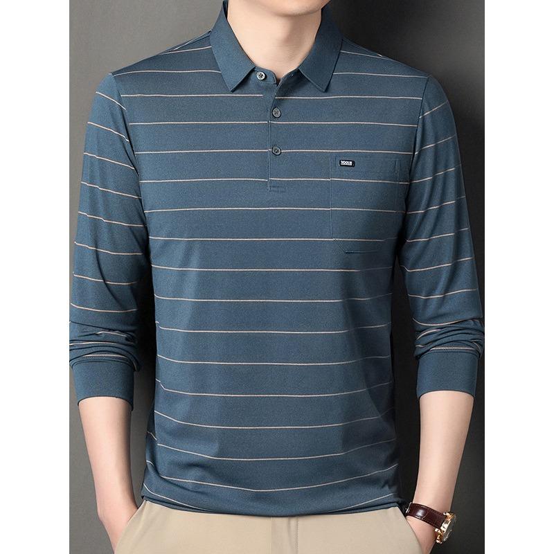 Spring and Autumn New Men's Long-sleeved T-shirts for Young and Middle-aged People Fashion Striped Lapels Casual Men's POLO Shirts Trendy T-shirts