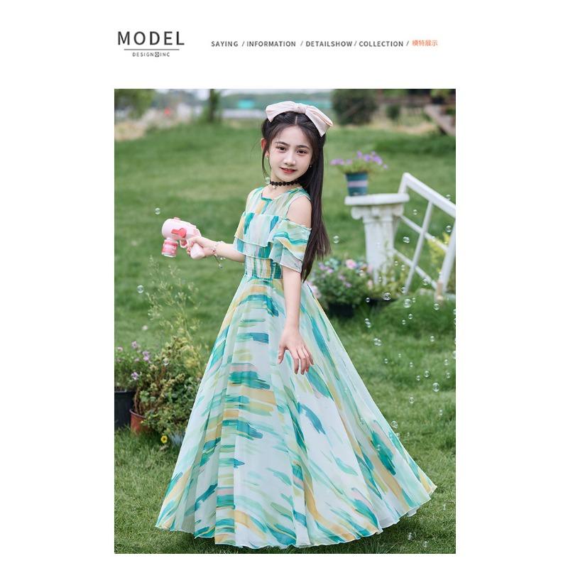 Mädchen Kinder Blumenmuster Kurzarm Chiffon Prinzessin Lang Sommerkleid
