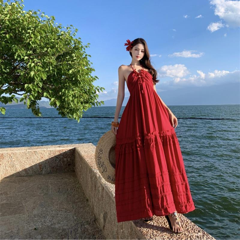 French sexy pure desire style Thai seaside vacation dress women's Sanya sexy suspender cake backless long skirt