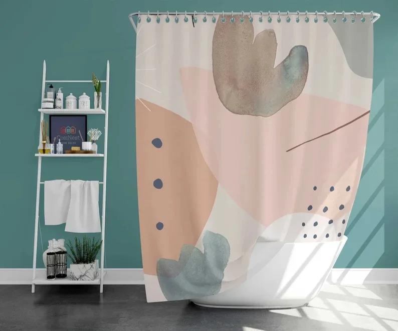 

Art Geometric Pattern Shower Curtain Green Plant Flower Fabric Waterproof Polyester Bathroom Accessories Bath Curtain Decoration W60H190(CM)-1 Pcs