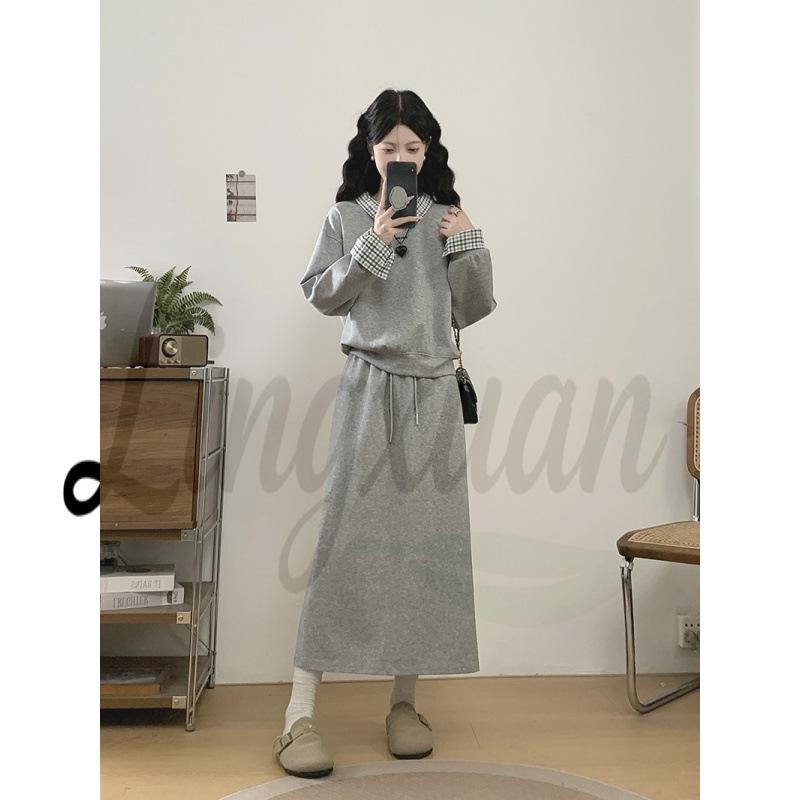 Spring 2026 Plus Size Women s Korean Casual Patchwork Hoodie & Skirt Set L