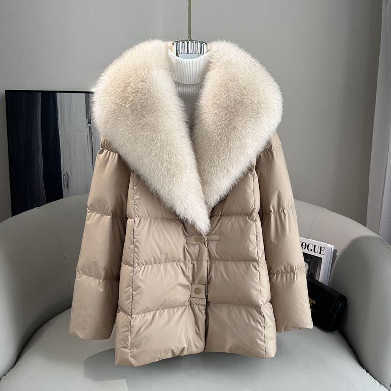 High End Faux Fox Fur Detachable Large Lapel Fur Down Jacket for Women Winter Medium Long Loose White Goose Down Coats