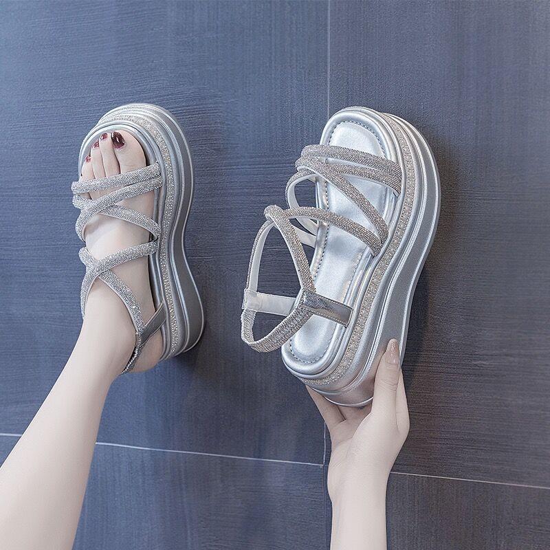 Mode Damen Plateau Sandalen Mode Kristall Sandalen Kreuzriemen Keilabsatz Sandale Sommer Römische Schuhe Offene Zehe Strandsandalen für Damen