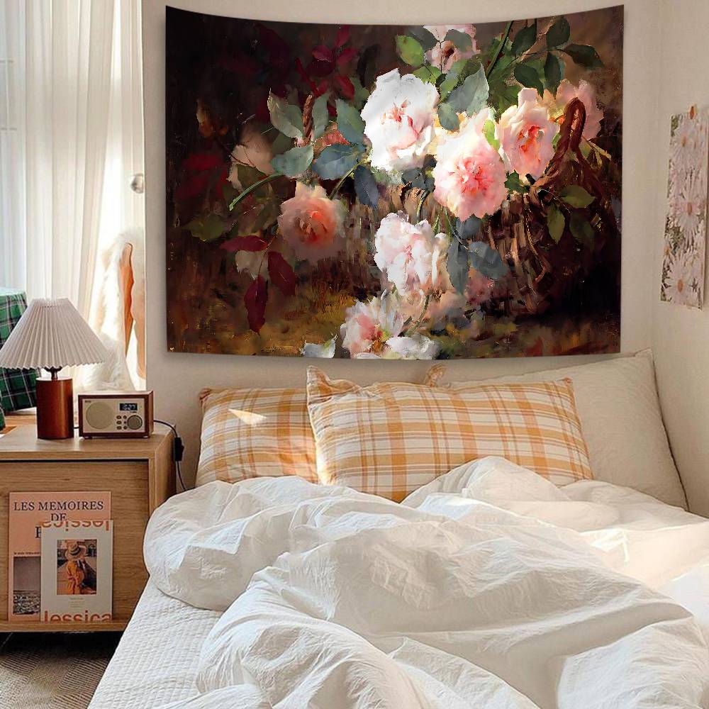 Vintage Flower Oil Painting Colorful Tapestry Wall Hanging Hanging Tarot Hippie Wall Rugs Dorm Wall Art Decor