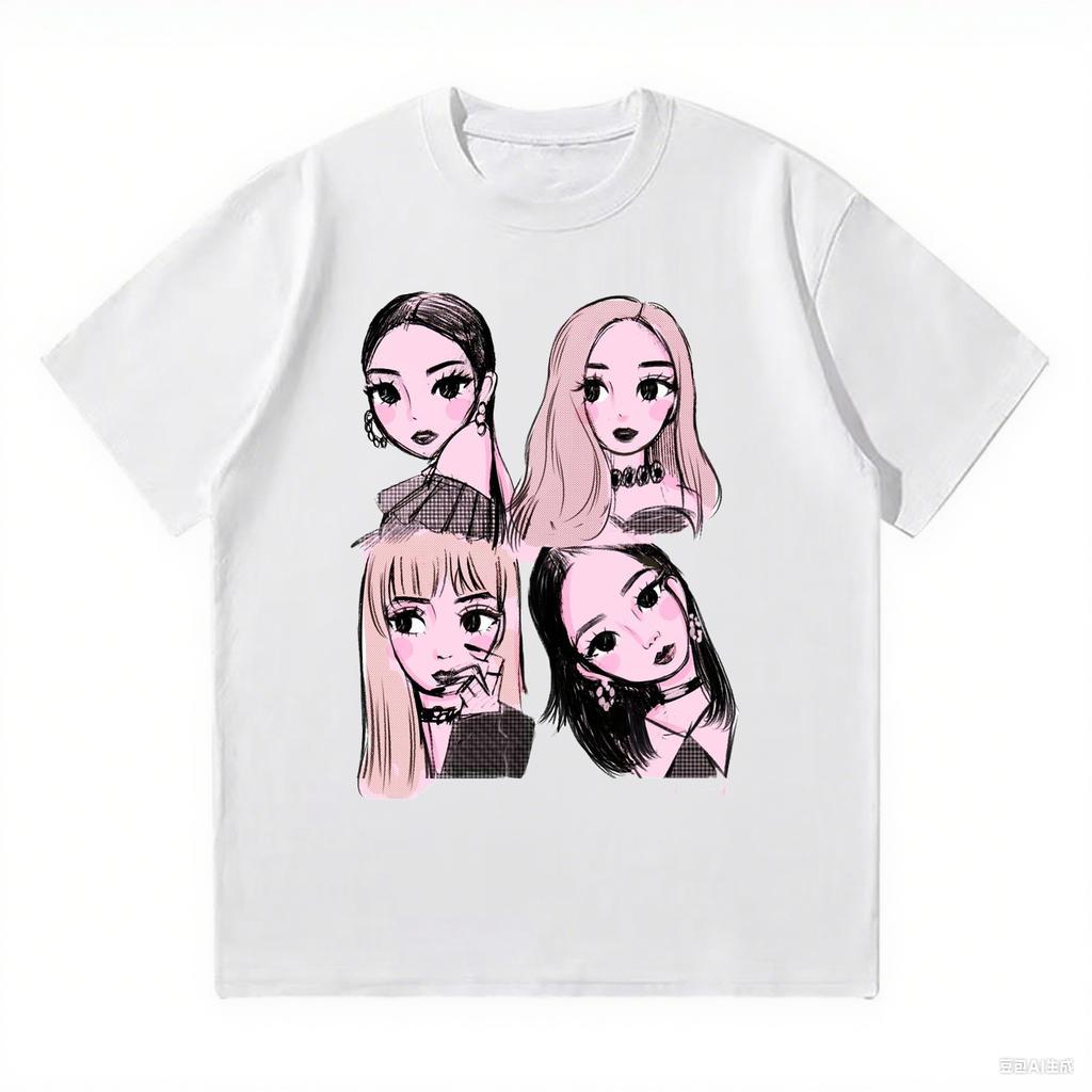 2025 New Korean Kpop BP Pink Girls Graphic Harajuku T Shirts Loose and Comfortable Heavy Cotton Tee Women's Fashion Casual Top