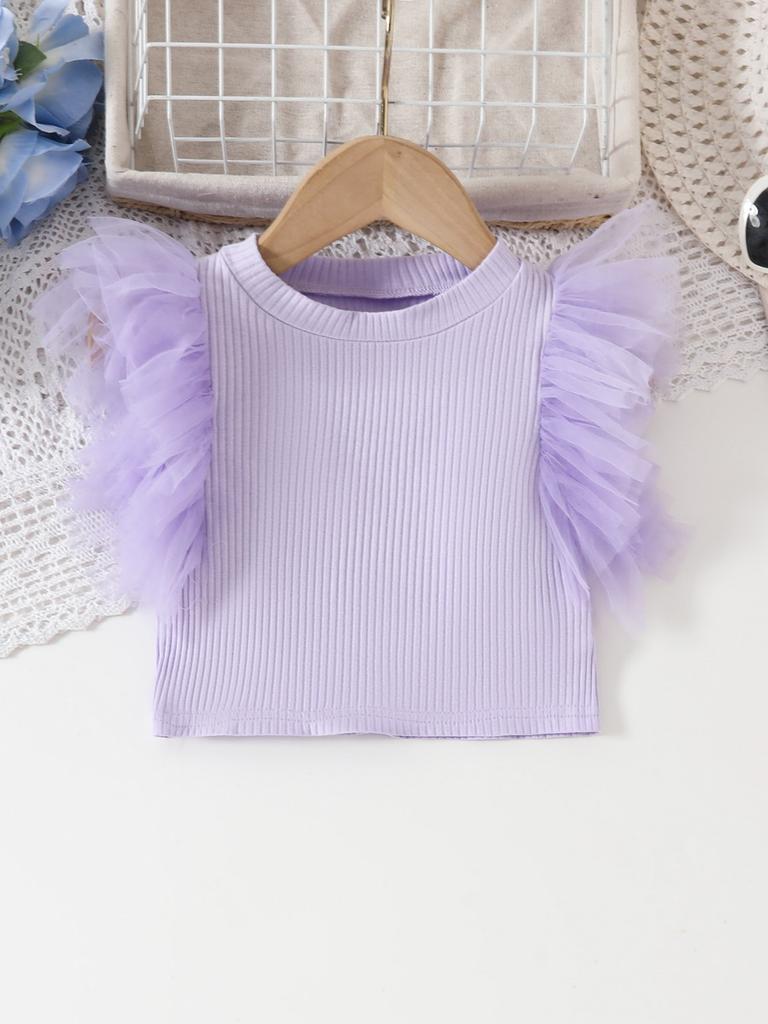 Girls Sweet Mesh Sleeve Top With Ruffle Round Neck