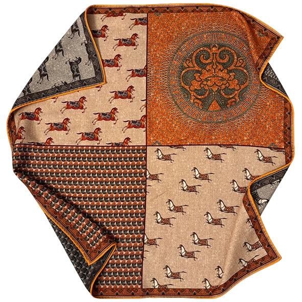 Mulberry silk wool 65 silk wool blended double-sided heterochrome equestrian quartet square scarf women s spring and summer silk scarf Standard