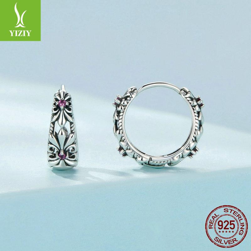 Lila Iris Retro Ohrbügel Damen, Mysteriös Elegantes Muster S925 Sterlingsilber Ohrringe