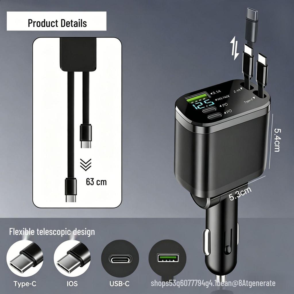 Cigarette Lighter 120W Dual Port Retractable Car Charger, Super Fast Charging, for Huawei