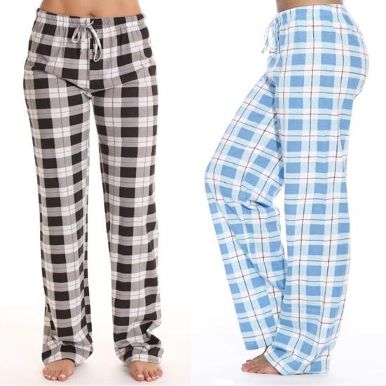 Calças Femininas para Casa Cintura Elástica com Cordão Casual Calças de Perna Larga Estampa Xadrez Caimento Solto Calças de Lazer