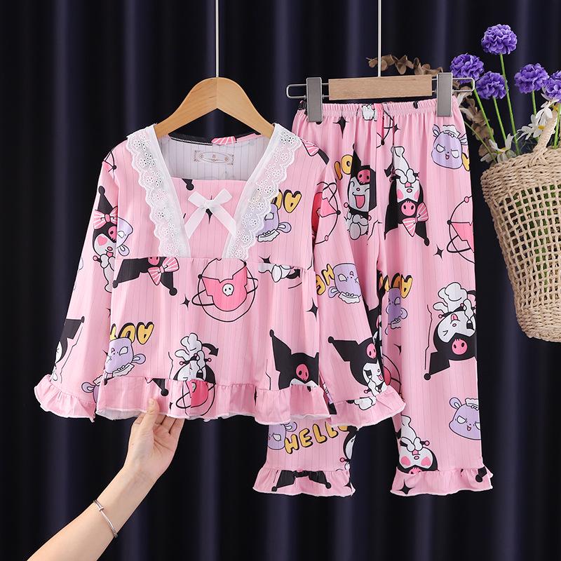 Kids' and Women's Spring Autumn Cartoon Pajama Set - Long Sleeve, Long Pants, KPOP Square Neck Homewear for Middle Large Child Girls