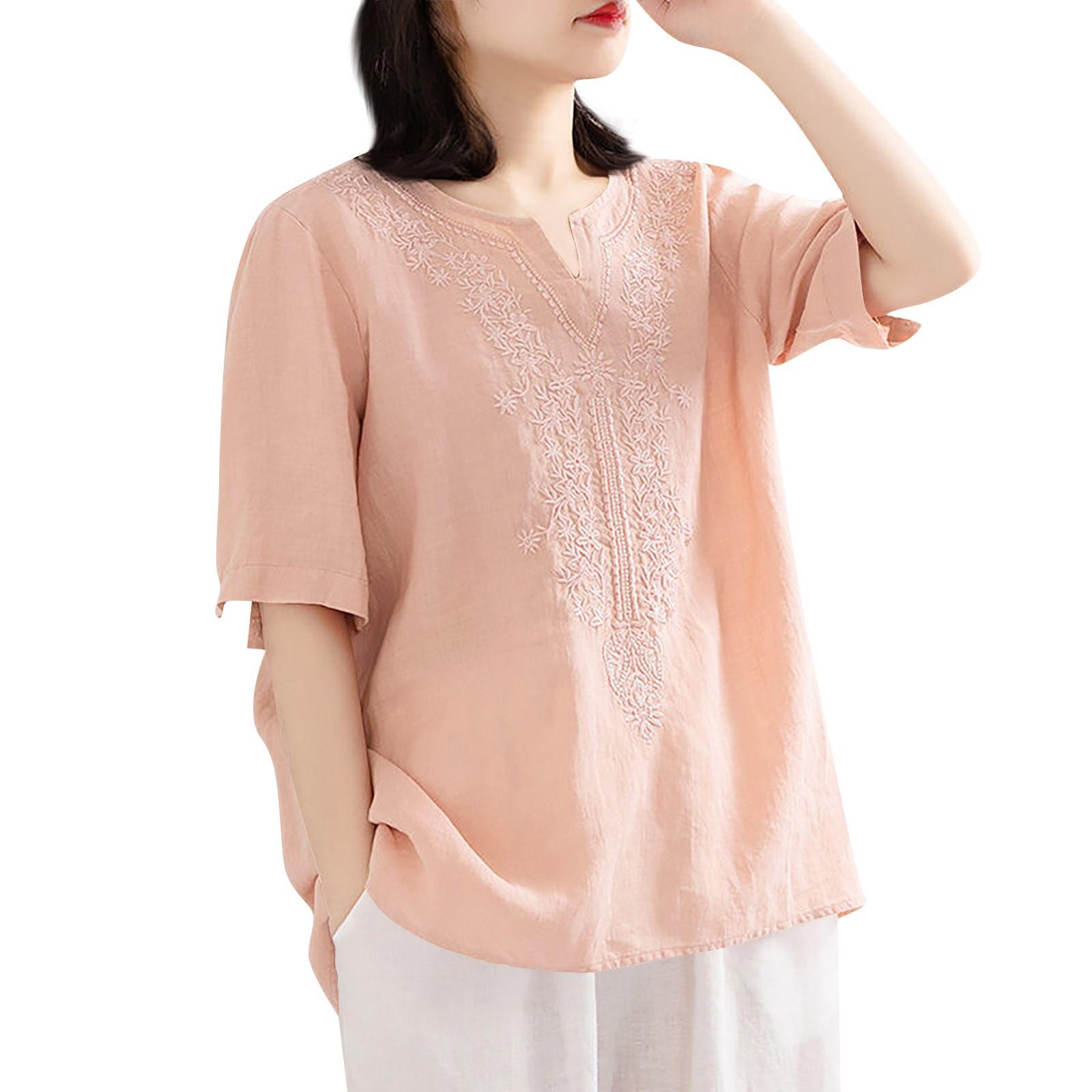 

Жіноча вишита сорочка з V-подібним вирізом, бавовняна лляна футболка великого розміру XXL