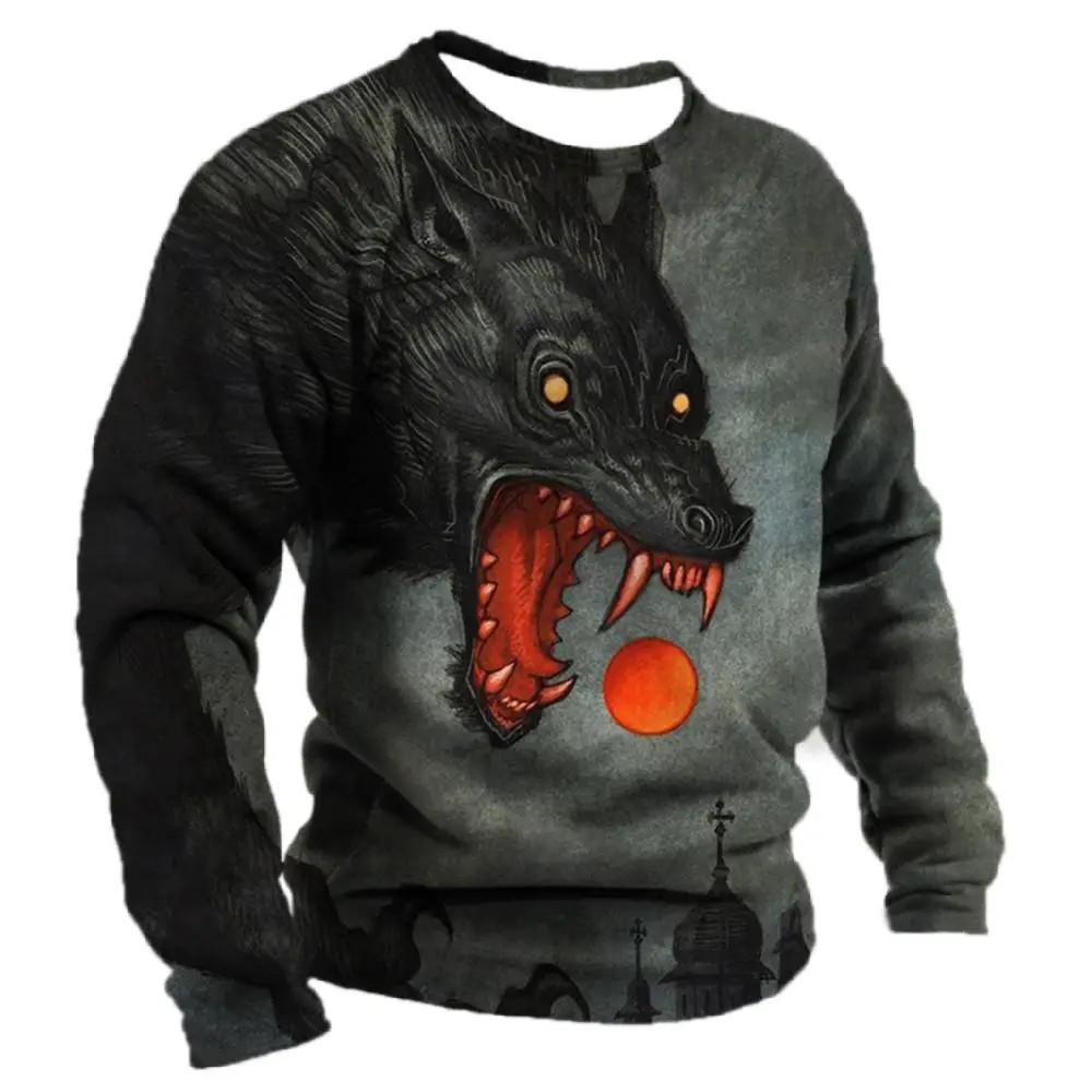 Men's Spring And Autumn Personality Retro Animal Wolf 3d Printed Round Neck Long Sleeve T-Shirt Casual Loose Breathable Jumper