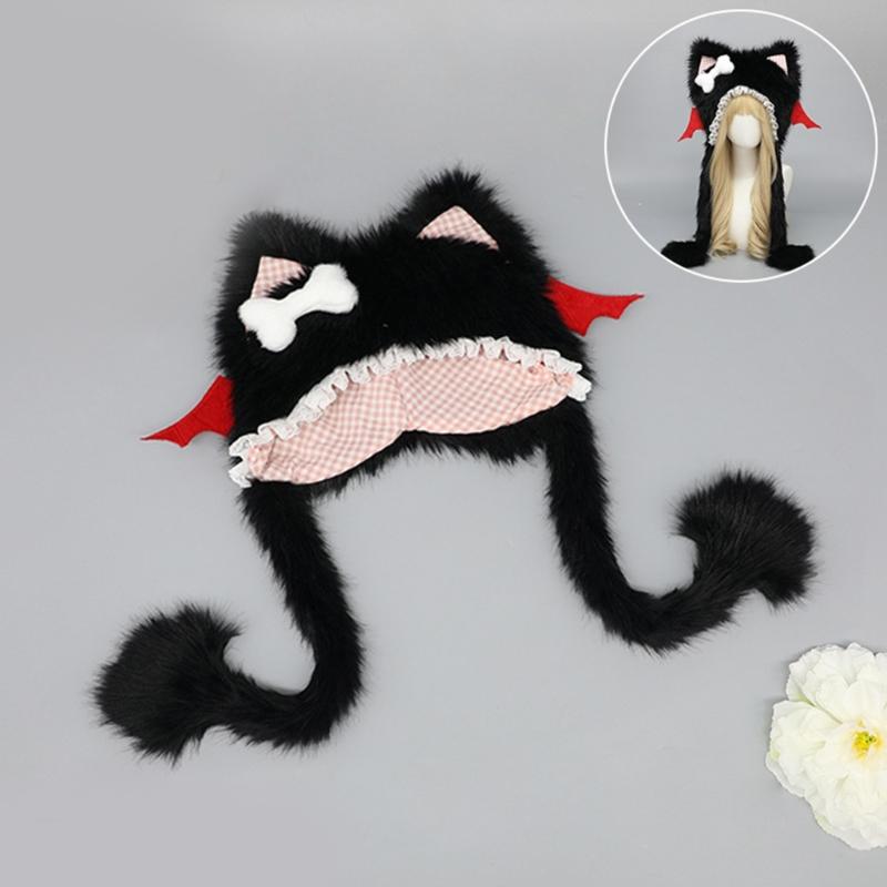 Furry Cartoon Head Cover with Ear for Outdoor Sports Furry Hat Kitten Oversized Headgear Hat for Winter